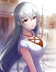 Rule 34 | 1girl, blurry, blurry background, breasts, brown eyes, city, cleavage, collarbone, commentary request, earrings, grey hair, ich., idolmaster, idolmaster cinderella girls, jewelry, large breasts, long hair, looking at viewer, necklace, outdoors, road, shirt, short sleeves, solo, street, takamine noa, very long hair, white shirt