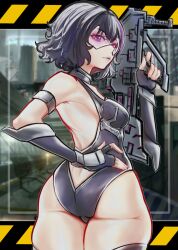 Rule 34 | 1girl, absurdres, ai shou, ass, black hair, breasts, commission, detached sleeves, girls&#039; frontline, gun, hand on own hip, head-mounted display, highres, holding, holding gun, holding weapon, leotard, looking back, medium breasts, multicolored hair, purple eyes, purple hair, purple leotard, ripper (girls&#039; frontline), sangvis ferri, second-party source, solo, streaked hair, thighhighs, weapon
