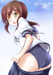 Rule 34 | 10s, 1girl, ass, blush, brown hair, fubuki (kancolle), green eyes, izumi akane, kantai collection, looking at viewer, open mouth, ponytail, school uniform, serafuku, skirt, solo, swimsuit, swimsuit under clothes, twitter username, undressing