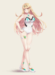 Rule 34 | blonde hair, breasts, chest jewel, gem, headpiece, highres, large breasts, long hair, mythra (radiant beach) (xenoblade), mythra (xenoblade), one-piece swimsuit, ribbed swimsuit, shinae, strapless, strapless one-piece swimsuit, striped clothes, striped one-piece swimsuit, swept bangs, swimsuit, tiara, two-tone swimsuit, vertical-striped clothes, vertical-striped one-piece swimsuit, very long hair, white one-piece swimsuit, xenoblade chronicles (series), xenoblade chronicles 2, yellow eyes