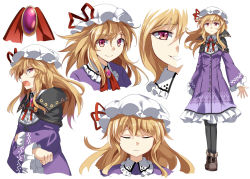 Rule 34 | 1girl, :/, alternate costume, angry, ankle boots, black pantyhose, blonde hair, blush, boots, brooch, cape, capelet, character sheet, closed eyes, d:, d:&lt;, dress, e.o., embellished costume, frown, grin, hat, jewelry, long hair, looking at viewer, maribel hearn, mob cap, multiple views, open mouth, pantyhose, purple eyes, sigh, smile, touhou, u u, v-shaped eyebrows