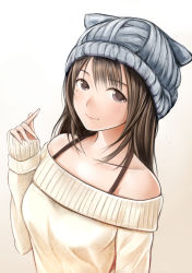 Rule 34 | 1girl, anegasaki nene, animal hat, bare shoulders, blush, brown eyes, brown hair, cat hat, collarbone, gradient background, hat, long hair, long sleeves, looking at viewer, love plus, mole, mole under eye, nannacy7, off shoulder, simple background, sleeves past wrists, smile, solo, strap, sweater, upper body, white background