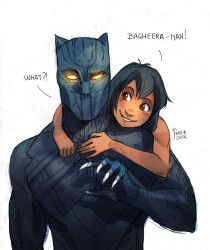 Rule 34 | 2boys, absurdres, age difference, animal ears, animification, artist name, black hair, black panther (film), black panther (marvel), bodysuit, cat ears, catsuit, child, claws, commentary, company connection, crossover, dark-skinned male, dark skin, disney, english commentary, english text, fake animal ears, gloves, glowing, glowing eyes, highres, mabymin, male focus, marvel, marvel cinematic universe, mowgli, multiple boys, onii-shota, short hair, simple background, skin tight, smile, standing, superhero costume, teeth, the jungle book, white background, yellow eyes