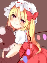 Rule 34 | 1girl, bad id, bad twitter id, blonde hair, blush, bow, brown background, brown eyes, closed mouth, cowboy shot, fang, fang out, flandre scarlet, hair between eyes, hat, hat bow, head tilt, highres, holding, holding stuffed toy, karasusou nano, long hair, looking at viewer, mob cap, red skirt, short sleeves, side ponytail, simple background, skirt, skirt set, solo, stuffed animal, stuffed toy, teddy bear, touhou, white hat