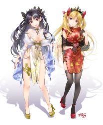 Rule 34 | 2girls, akatsuki hijiri, bare shoulders, blonde hair, blush, breasts, brown hair, china dress, chinese clothes, collarbone, dress, ereshkigal (fate), fate/grand order, fate (series), full body, gloves, high heels, ishtar (fate), long hair, looking at viewer, medium breasts, multiple girls, open mouth, parted bangs, red dress, red eyes, smile, tiara, two side up, white dress