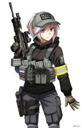 Rule 34 | 1girl, absurdres, baseball cap, black jacket, brown gloves, closed mouth, clothes writing, commentary request, gloves, grey hair, grey hat, grey pants, gun, h&amp;k vp9, hair between eyes, hand up, handgun, hat, highres, holding, holding gun, holding weapon, holster, holstered, jacket, knee pads, long sleeves, looking at viewer, ndtwofives, original, pants, pistol, ponytail, qbz-97, rifle, russian flag, russian text, solo, standing, sunlight, thigh holster, translation request, twitter username, v-shaped eyebrows, walther, walther p99, weapon, white background