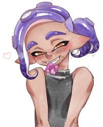 Rule 34 | 1boy, bare shoulders, blush, condom, condom in mouth, condom wrapper, dark-skinned male, dark skin, grin, heart, looking at viewer, male focus, mouth hold, naughty face, nintendo, octoling, octoling boy, octoling player character, orange eyes, pointy ears, ponytail, purple hair, short ponytail, smile, solo, souzaipan, splatoon (series), splatoon 2, splatoon 2: octo expansion, sweatdrop, tank top, tentacle hair