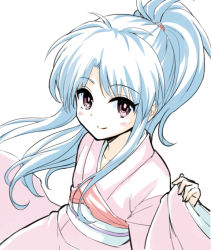 Rule 34 | 1girl, blue hair, blush, botan (yu yu hakusho), closed mouth, commentary request, dress, japanese clothes, kimono, long hair, looking at viewer, ponytail, purple eyes, simple background, smile, solo, walkure, white background, yuu yuu hakusho