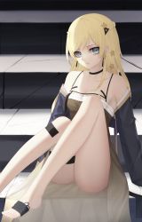 Rule 34 | 1girl, bad id, bad pixiv id, bare legs, bare shoulders, blonde hair, blue eyes, blue jacket, braid, breasts, brown dress, cleavage, closed mouth, clothes pull, collarbone, dress, earrings, french braid, girls&#039; frontline, hair ornament, hairclip, highres, jacket, jacket pull, jewelry, k5 (dome moonlight) (girls&#039; frontline), k5 (girls&#039; frontline), legs, long hair, looking at viewer, medium breasts, no shoes, open clothes, open jacket, sitting, sitting on stairs, solo, stairs, star (symbol), star earrings, star hair ornament, thomas 8000