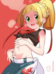 Rule 34 | 1girl, bare arms, belt, blonde hair, blush, braid, commentary request, cosplay, cowboy shot, creatures (company), eyelashes, flannery (pokemon), flannery (pokemon) (cosplay), full-face blush, game freak, green eyes, green pants, hair ribbon, head steam, highres, kinocopro, lillie (pokemon), long hair, looking at viewer, navel, nervous smile, nintendo, open mouth, pants, pokemon, pokemon oras, pokemon sm, ponytail, red ribbon, ribbon, shirt, smile, solo, steam, tied shirt, twitter username, two-tone background, watermark, white belt