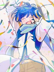 Rule 34 | 1boy, anniversary, arm up, belt, blue hair, blue scarf, blush, closed eyes, coat, confetti, happy, headphones, headset, highres, kaito (vocaloid), long sleeves, male focus, open mouth, pants, scarf, short hair, smile, vocaloid, xhinokox