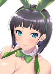Rule 34 | 1girl, animal ears, bare shoulders, black hair, blue eyes, blush, bow, bowtie, breasts, cleavage, collarbone, commentary, detached collar, fake animal ears, green bow, green bowtie, grey background, kawase seiki, kirigaya suguha, large breasts, portrait, rabbit ears, short hair, simple background, smile, solo, sword art online, symbol-only commentary