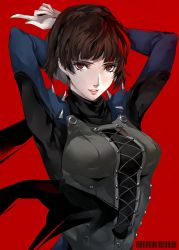 Rule 34 | 1girl, arm behind back, arms up, black bodysuit, black scarf, blue bodysuit, blunt bangs, bodysuit, braid, brown hair, closed mouth, crown braid, highres, lips, long sleeves, looking at viewer, multicolored bodysuit, multicolored clothes, niijima makoto, persona, persona 5, pertex 777, pink lips, red background, red eyes, scarf, short hair, shoulder spikes, simple background, solo, spikes