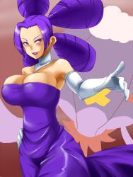 Rule 34 | artist request, blush, breasts, cleavage, creatures (company), eyeshadow, fantina (pokemon), game freak, gym leader, huge breasts, lipstick, makeup, nintendo, pokemon, purple eyeshadow, purple hair, purple lips, quad tails, smile