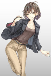 Rule 34 | 1girl, ahoge, bag, beige pants, belt, black jacket, breasts, brown eyes, brown hair, brown shirt, feet out of frame, formal, highres, holding, holding bag, jacket, looking at viewer, nail polish, office lady, original, shirt, short hair, simple background, small breasts, smile, solo, suit, sun (sunsun28), white background