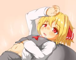 Rule 34 | 1girl, arm up, blonde hair, blush, clothes lift, groin, hair ribbon, hecchi (blanch), hot, navel, open mouth, red eyes, ribbon, rumia, shirt lift, short hair, skirt, solo, steam, sweat, touhou
