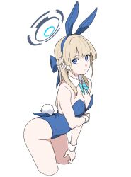 Rule 34 | 1girl, animal ears, arched back, arm under breasts, blonde hair, blue archive, blue eyes, blue leotard, bow, braid, breasts, detached collar, fake animal ears, halo, highleg, highleg leotard, highres, kashiwa (iersansi), leaning forward, leotard, long hair, looking at viewer, medium breasts, official alternate costume, playboy bunny, rabbit ears, solo, toki (blue archive), toki (bunny) (blue archive), wrist cuffs