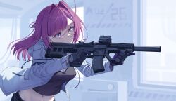 1girl angel_ina black_gloves black_shirt breasts cleavage closed_mouth commentary_request crop_top gloves gun hair_intakes hair_ornament heterochromia highres holding holding_gun holding_weapon hood hoodie large_breasts long_hair looking_ahead midriff navel open_clothes open_hoodie original pink_hair purple_eyes rifle shirt solo upper_body weapon white_hoodie yellow_eyes