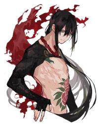 Rule 34 | 1boy, bare pectorals, bishounen, black hair, closed mouth, fate/grand order, fate (series), fingernails, flower tattoo, green eyes, hair between eyes, hand on own hip, kuroneko0309252, long hair, male focus, pectorals, simple background, sketch, solo, stomach tattoo, tattoo, torn, torn clothes, white background, yan qing (fate)