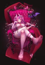 Rule 34 | absurdres, alternate costume, breasts, chair, choker, crossed legs, demon girl, dress, hair ornament, heart, highres, horns, ironmouse, ironmouse (demon form), large breasts, momote, multicolored hair, multiple girls, nail polish, pink footwear, pink hair, red eyes, sitting, streaked hair, thigh strap, thighhighs, twintails, virtual youtuber, vshojo, white dress, white horns, wing hair ornament, wings