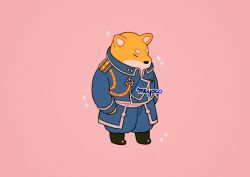 Rule 34 | amestris military uniform, animal, animal ears, animal focus, artist name, bad id, bad twitter id, boots, closed eyes, dog, dog ears, full body, fullmetal alchemist, hands in pockets, meyoco, military, military uniform, no humans, pink background, shiba inu, simple background, solo, sparkle, standing, uniform