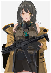 Rule 34 | 1girl, ammunition belt, artist name, black gloves, black hair, black skirt, breasts, brown sweater vest, clothes pull, colt 9mm smg, gas mask, girls&#039; frontline, gloves, gun, heterochromia, highres, holding, holding gun, holding weapon, jacket, jacket pull, long hair, looking at viewer, mask, mask around neck, multicolored hair, noveske space invader, open clothes, open jacket, open mouth, red eyes, ro635 (girls&#039; frontline), skirt, solo, standing, submachine gun, sutekina awa, sweater vest, teeth, upper teeth only, weapon, white background, yellow eyes, yellow jacket