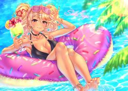 Rule 34 | 1girl, amaryllis gumi, barefoot, bikini, black bikini, blonde hair, blurry, blush, breasts, character name, cleavage, closed mouth, collarbone, commentary, cup, dark-skinned female, dark skin, depth of field, drinking straw, earrings, fang, fang out, feet, feet out of frame, food, fruit, gyaru, highres, holding, holding cup, innertube, jewelry, kogal, large breasts, long hair, looking at viewer, nail polish, orange (fruit), orange slice, ouga saki, palm tree, partially submerged, red eyes, red nails, shashaki, solo, star (symbol), star earrings, swim ring, swimsuit, toenail polish, toenails, tree, twintails, virtual youtuber, water