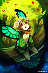 Rule 34 | 1girl, :o, blonde hair, butterfly wings, flower, full body, hair flower, hair ornament, highres, insect wings, long sleeves, mercedes (odin sphere), odin sphere, open mouth, pointy ears, puff and slash sleeves, puffy long sleeves, puffy shorts, puffy sleeves, red eyes, shorts, signature, sitting, solo, striped, sushes, vertical stripes, watermark, web address, wings, wreath