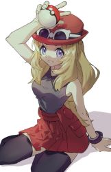 Rule 34 | 1girl, accessories, ankea (a-ramo-do), bare shoulders, black thighhighs, blonde hair, blue eyes, bracelet, breasts, cowboy shot, creatures (company), game freak, groin, hair between eyes, hip focus, jewelry, long hair, looking at viewer, nintendo, open mouth, pleated skirt, poke ball, poke ball (basic), pokemon, pokemon sm, seiza, serena (pokemon), sitting, skirt, smile, solo, stomach, thighhighs, v