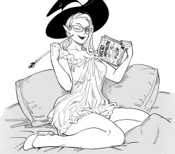 Rule 34 | 1girl, bb (baalbuddy), book, closed mouth, commentary, english commentary, glasses, greyscale, hat, high heels, highres, holding, holding book, holding wand, lingerie, lipstick, long hair, looking at viewer, makeup, monochrome, necronomicon, negligee, one eye closed, original, pillow, simple background, sitting, smile, solo, underwear, wand, white background, witch, witch hat