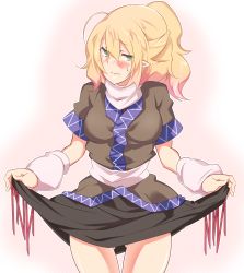 Rule 34 | 1girl, ahoge, arm support, bad id, bad pixiv id, blonde hair, blush, clothes lift, embarrassed, green hair, highres, mizuhashi parsee, pointy ears, ponytail, scarf, skirt, skirt lift, solo, sweatdrop, touhou, yokoshima (qb74pnkp)