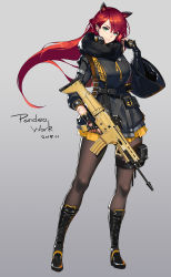 Rule 34 | 1girl, animal ears, aqua eyes, black gloves, black pantyhose, boots, breasts, cat ears, dated, fingerless gloves, full body, fur trim, girls&#039; frontline, gloves, gun, highres, holding, holding gun, holding weapon, long hair, looking at viewer, pandea work, pantyhose, pointy ears, red hair, scar, smile, solo, standing, thigh strap, weapon