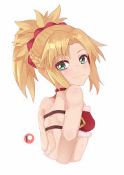 Rule 34 | 1girl, bad id, bad pixiv id, bare shoulders, blonde hair, blush, braid, breasts, commentary, darahan, english commentary, fate/grand order, fate (series), from side, green eyes, hair ornament, hair scrunchie, long hair, looking at viewer, mordred (fate), mordred (fate/apocrypha), patreon logo, ponytail, red scrunchie, scrunchie, small breasts, smile, solo