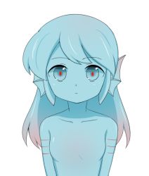 Rule 34 | 1girl, animal ears, blue eyes, blue hair, blue sclera, blue skin, breasts, closed mouth, colored sclera, colored skin, expressionless, filet (kai himo), fins, gills, gradient hair, head fins, kai himo, looking at viewer, monster girl, multicolored hair, nude, original, pink hair, red pupils, simple background, small breasts, solo, tail, upper body, white background