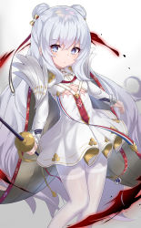 Rule 34 | + +, 1girl, absurdres, azur lane, blue eyes, bow, breasts, brown bow, cape, closed mouth, commentary, double bun, dress, flower, gradient background, grey background, hair between eyes, hair bow, hair bun, highres, holding, holding sword, holding weapon, le malin (azur lane), long hair, pantyhose, pleated dress, pocket watch, ponta (velmar), revision, silver hair, skirt, small breasts, solo, striped, striped bow, sword, thighband pantyhose, very long hair, watch, weapon, white background, white cape, white flower, white pantyhose, white skirt