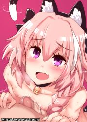 Rule 34 | 2boys, animal ears, astolfo (fate), bell, between pecs, between pectorals, black bow, blush, bow, braid, breasts, cat ears, cat tail, censored, collar, collarbone, erection, eyelashes, fang, fate/apocrypha, fate/grand order, fate (series), frottage, hair between eyes, hair intakes, hair ribbon, highres, hinghoi, jingle bell, long braid, long hair, looking at viewer, looking up, male focus, mosaic censoring, multicolored hair, multiple boys, nipples, open mouth, pecjob, penis, pink background, pink hair, purple eyes, ribbon, simple background, single braid, skin fang, smile, streaked hair, tail, trap, watermark, web address, yaoi