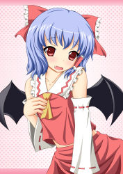 Rule 34 | 1girl, bat wings, blue hair, blush, bow, cosplay, detached sleeves, dress, fang, female focus, hair bow, hair tubes, hakurei reimu, hakurei reimu (cosplay), hand on another&#039;s chest, hand on own chest, highres, japanese clothes, midriff, miko, neats, open mouth, red dress, red eyes, remilia scarlet, solo, touhou, wings