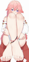 Rule 34 | 1girl, animal ears, anklet, bare legs, bare shoulders, barefoot, beads, bell, blush, convenient leg, covered mouth, crossed ankles, embarrassed, feet, fingernails, foot focus, foreshortening, fox ears, genshin impact, hair between eyes, hand on own arm, head tilt, highres, hugging own legs, japanese clothes, jewelry, jingle bell, knees up, legs, long hair, long sleeves, looking at viewer, nail polish, off shoulder, pink hair, pink nails, purple eyes, simple background, sitting, solo, toenails, toes, wd (1106592840), white background, yae miko