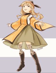 Rule 34 | 1girl, blonde hair, boots, breasts, brown footwear, brown hat, cape, detached sleeves, green skirt, hands up, hat, highres, long hair, long sleeves, looking at viewer, matara okina, medium breasts, open mouth, orange cape, orange sleeves, purple background, shikido (khf), shirt, skirt, smile, solo, standing, touhou, white background, white shirt, yellow eyes
