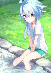 Rule 34 | 1girl, alternate costume, between legs, bike shorts, blue hair, buran buta, collarbone, commentary request, day, expressionless, hair between eyes, hand between legs, highres, knees together feet apart, neptune (series), outdoors, power symbol, power symbol-shaped pupils, red eyes, riverbank, shirt, short hair with long locks, short sleeves, sitting, soaking feet, solo, symbol-shaped pupils, water, white heart (neptunia), white shirt