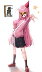 Rule 34 | 1girl, absurdres, black skirt, black socks, bocchi the rock!, commentary, cube hair ornament, facing viewer, fake facial hair, fake mustache, full body, gotoh hitori, hair ornament, hand on own hip, hat, highres, jacket, long hair, maru ccy, one side up, outstretched arm, party hat, photo-referenced, pink hair, pink jacket, pleated skirt, sidelighting, sidelocks, simple background, skirt, socks, solo, star-shaped eyewear, star (symbol), sunglasses, symbol-only commentary, v, very long hair, white background