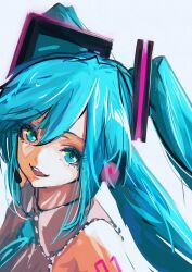 Rule 34 | 1girl, absurdres, arm tattoo, blue background, blue eyes, blue hair, blue necktie, collared shirt, commentary, floating hair, from above, grey shirt, hair between eyes, hatsune miku, headset, higemu, highres, looking at viewer, looking up, necktie, portrait, shirt, sleeveless, sleeveless shirt, smile, solo, tattoo, twintails, vocaloid
