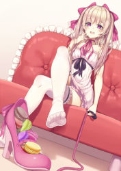 Rule 34 | 1girl, :d, asisuki, blonde hair, bow, breasts, commentary request, couch, crossed legs, dress, feet, femdom, food, hair bow, hair ornament, hand on own face, heart, heart-shaped pupils, high heels, highres, holding, indoors, leash, leg up, long hair, looking at viewer, macaron, mary janes, neck ribbon, open mouth, original, purple eyes, ribbon, room, round teeth, see-through, see-through legwear, shoes, sitting, sleeveless, sleeveless dress, small breasts, smile, soles, solo, strapless, strapless dress, symbol-shaped pupils, teeth, thighhighs, toes, tube dress, unworn shoes, white thighhighs
