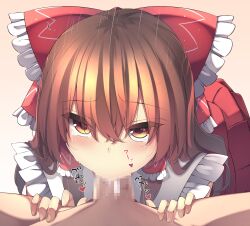 Rule 34 | 1boy, 1girl, absurdres, bow, brown background, brown eyes, brown hair, censored, commentary, cum, cum in mouth, fellatio, gradient background, hair bow, hair tubes, hakurei reimu, hetero, highres, long hair, looking at viewer, mosaic censoring, oral, penis, pov, red bow, sidelocks, solo focus, tangusuten, touhou, upper body
