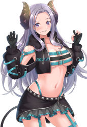 Rule 34 | 1girl, nanashi inc., asymmetrical gloves, belt, belt bra, black gloves, black jacket, black skirt, blue belt, blue panties, blush, breasts, chest belt, cleavage, clothing cutout, commentary request, contrapposto, cosplay, cowboy shot, cropped jacket, cross-laced clothes, cross-laced sleeves, demon girl, demon horns, demon tail, garter straps, gloves, grey skirt, grin, highleg, highleg panties, honey strap, horns, jacket, large breasts, layered skirt, long hair, long sleeves, looking at viewer, midriff, mole, mole under mouth, navel, open clothes, open jacket, panties, panty straps, partially fingerless gloves, purple eyes, purple hair, rush (rush65336816), saionji mary, shishio chris, shishio chris (cosplay), shoulder cutout, simple background, skirt, smile, solo, sugar lyric, tail, underwear, virtual youtuber, white background, zipper, zipper skirt