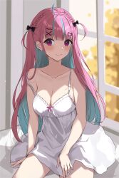 Rule 34 | 1girl, absurdres, ahoge, blue hair, blush, breasts, cat hair ornament, cleavage, colored inner hair, earrings, hair ornament, hairpin, heart, heart earrings, highres, hololive, jewelry, long hair, looking at viewer, medium breasts, minato aqua, multicolored hair, nightgown, pink hair, purple eyes, solo, streaked hair, two side up, udonpan, virtual youtuber, white nightgown, x hair ornament