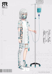 Rule 34 | 1boy, absurdres, arm at side, bandaged arm, bandaged neck, bandages, bandaid, barcode, blue eyes, full body, glitch, grey background, grey hair, highres, hospital gown, intravenous drip, looking at viewer, male focus, mask, original, qr code, see-through, solo, standing, taiga (ryukyu-6102-8)