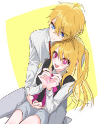 Rule 34 | 1boy, 1girl, ahoge, artist name, between legs, black sweater vest, blonde hair, blue eyes, bow, bowtie, brother and sister, collared shirt, commentary request, ddu 45, dress shirt, grey pants, grey skirt, hair between eyes, heart, heart hands, highres, hoshino aquamarine, hoshino ruby, hug, hug from behind, korean commentary, long hair, long sleeves, mismatched pupils, necktie, one side up, open mouth, oshi no ko, pants, pink bow, pink bowtie, pink eyes, red necktie, school, shirt, short hair, siblings, sidelocks, sitting, skirt, star-shaped pupils, star (symbol), sweater vest, symbol-shaped pupils, teeth, twins, upper teeth only, white shirt