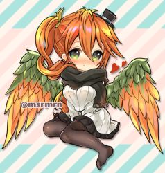 Rule 34 | 1girl, bad id, bad pixiv id, black hat, black scarf, blush, breasts, brown hair, brown pantyhose, brown wings, closed mouth, commentary request, diagonal stripes, dress, earrings, enpera, feathered wings, frilled dress, frills, fringe trim, green eyes, green wings, hair between eyes, hat, heart, heart earrings, high ponytail, jewelry, large breasts, leilan (p&amp;d), long hair, mashiro miru, mini hat, mini top hat, multicolored wings, no shoes, nose blush, pantyhose, puzzle &amp; dragons, ribbed dress, scarf, side ponytail, smile, soles, solo, striped, striped background, tilted headwear, top hat, twitter username, v arms, very long hair, white dress, wings