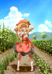 Rule 34 | 1girl, aki minoriko, apron, arinu, barefoot, blonde hair, blouse, blue sky, clenched hand, cloud, day, dirty, dirty feet, eggplant, closed eyes, farm, food, fruit, grapes, grin, hat, highres, mountain, outdoors, shirt, skirt, sky, smile, solo, squash, sweat, tomato, touhou, tree, vegetable
